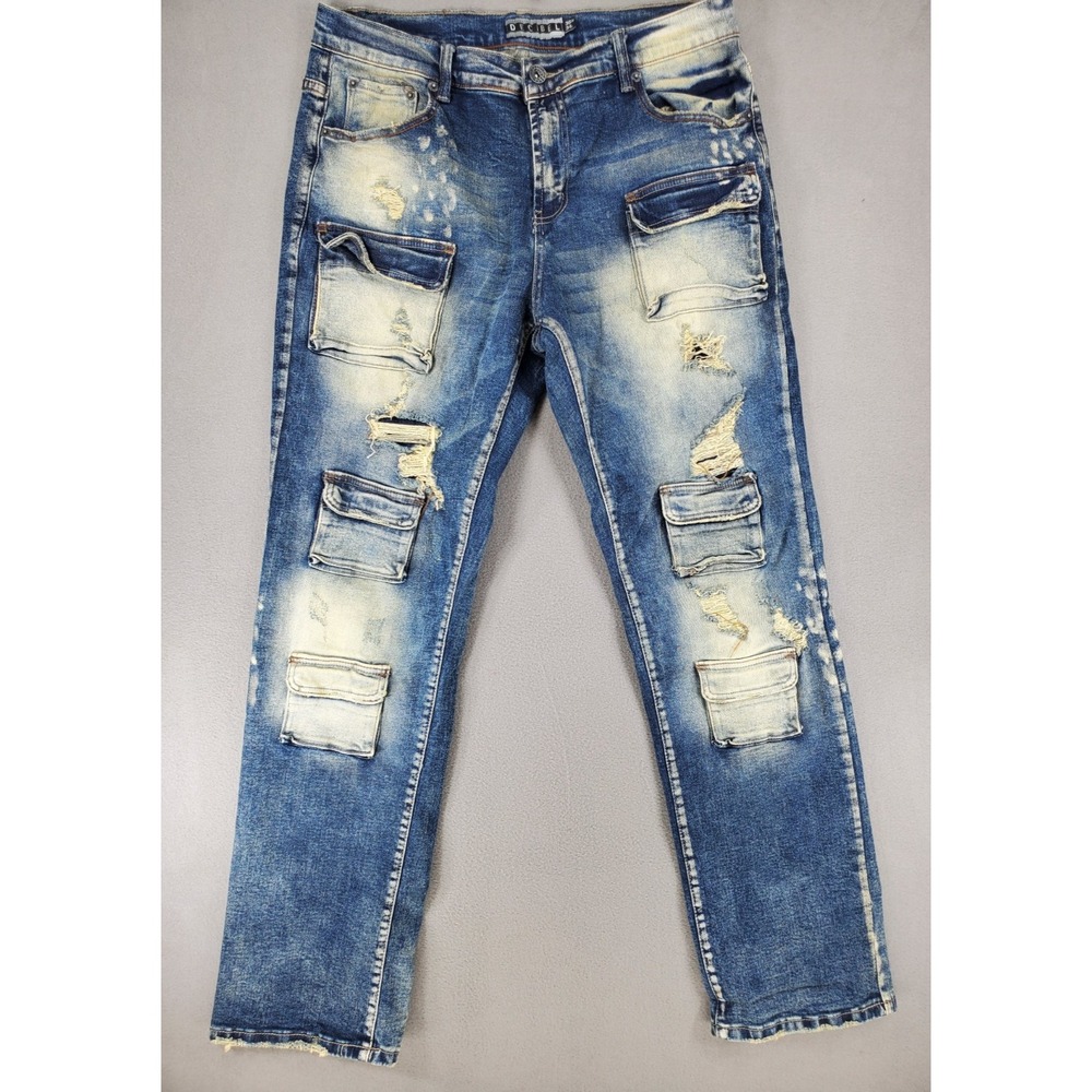 Decibel Jeans Mens 36x33 Med Wash Denim Distressed Cargo Pockets Utility Stretch